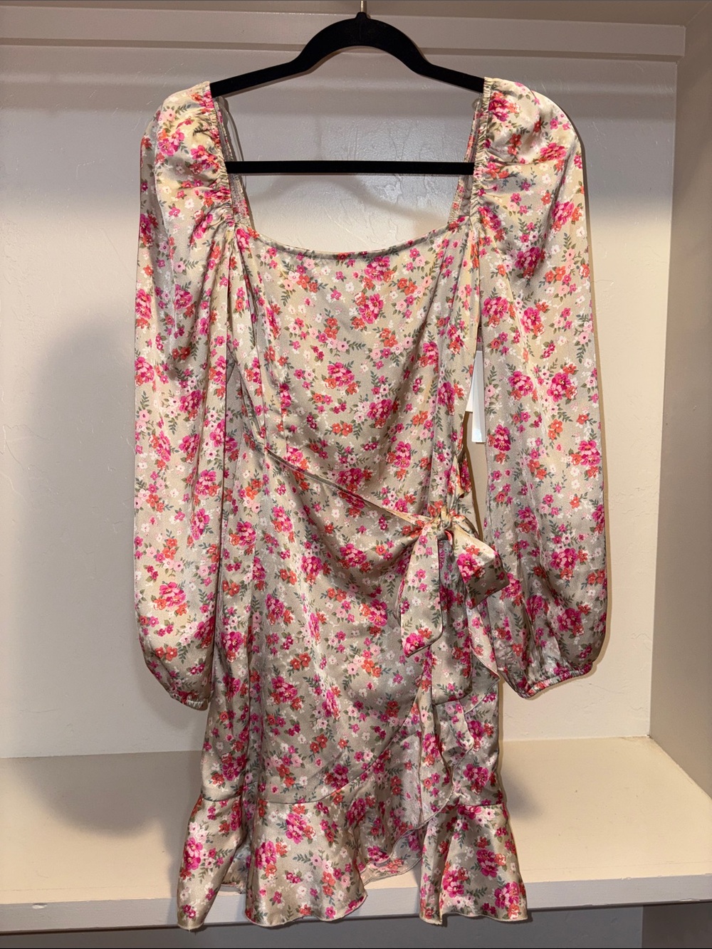 Speechless Cream Mini Wrap Dress with Pink Floral Print